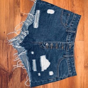 Dark distressed denim shorts